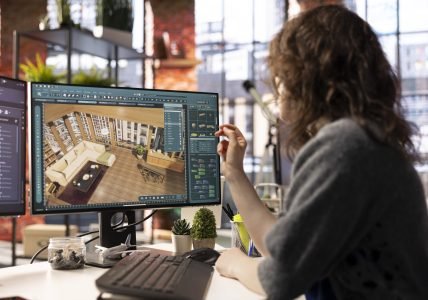 Home design professional uses architectural software to develop a floor plan, digital tool offers an intuitive interface for rendering apartment interiors with precise furniture placement.