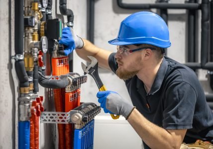 The technician checking the heating system in the boiler room. Adjusting heating valves in a residential building. A plumbing and heating technician works.